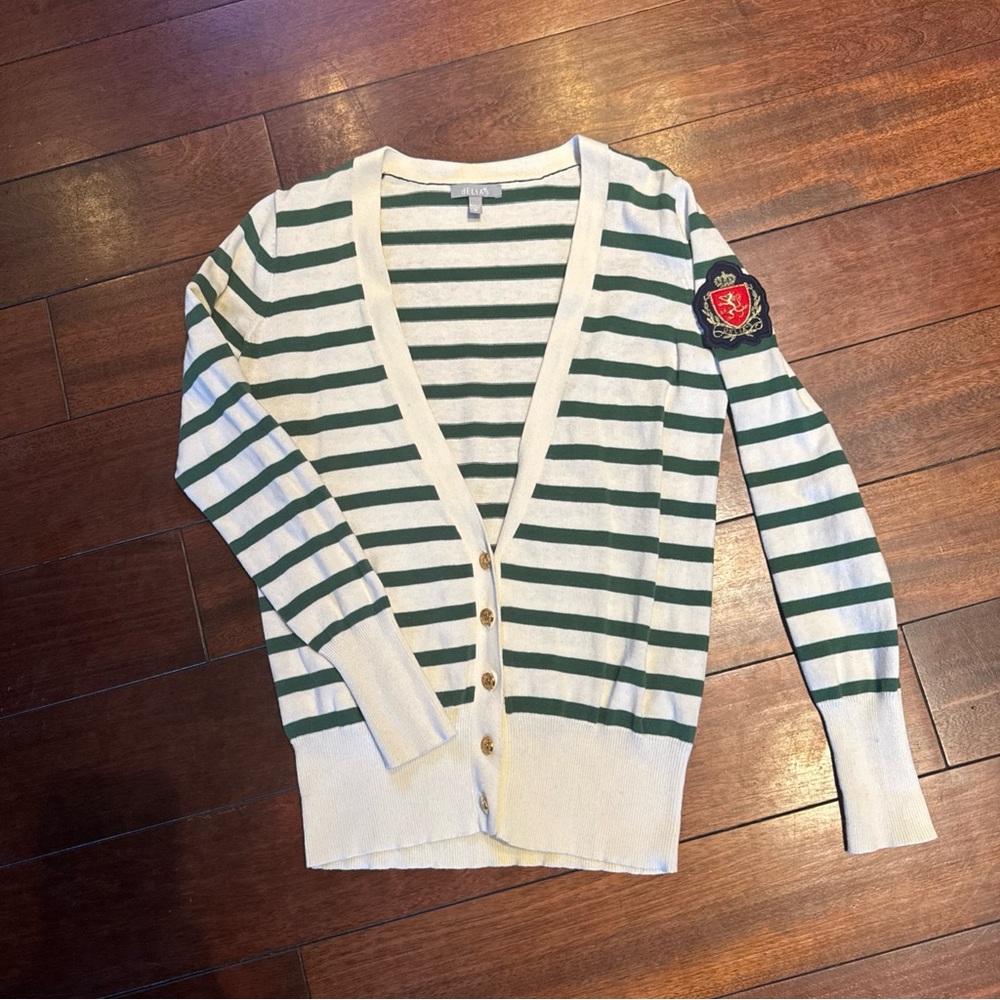 dELiA*s Cream & Green Striped V-Neck Cardigan with Crest Patch